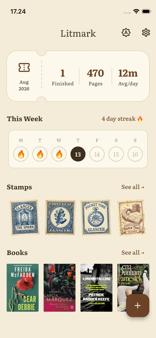 Litmark home screen showing this month's stats, a 4-day streak, earned stamps, and the current shelf