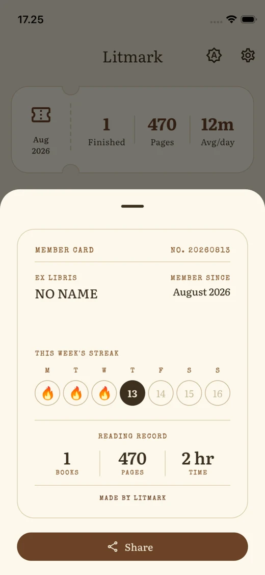 The member card sheet with this week's streak and reading record