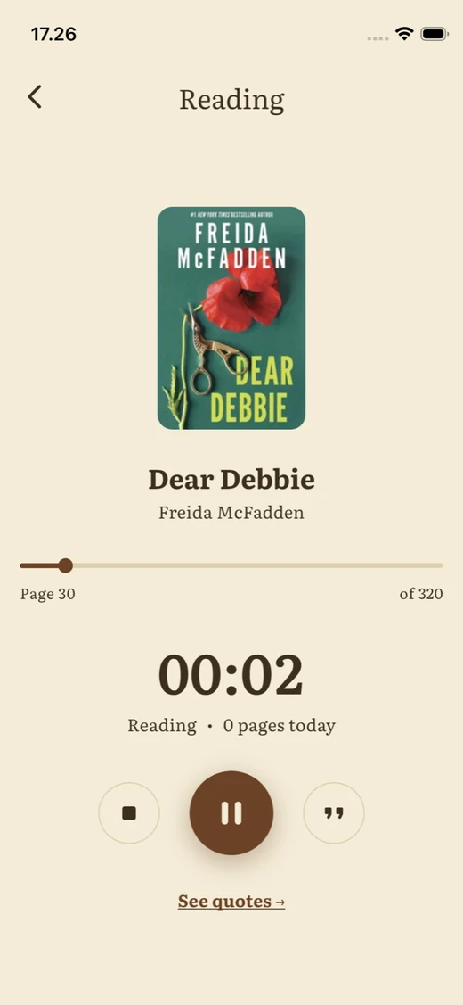An active reading session with a page slider and timer